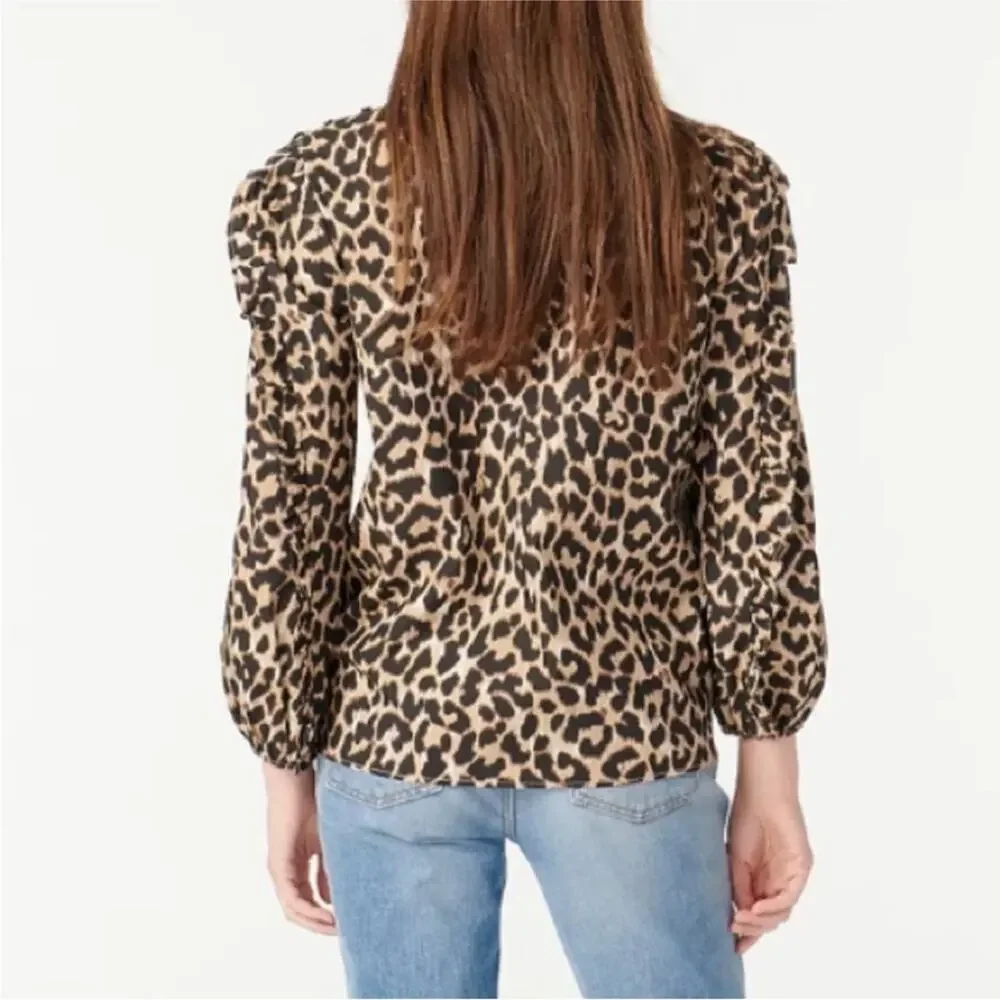 J crew Leopard Animal Print Ruffle Sleeve Top Shirt AS011 Extra Small XS Cotton